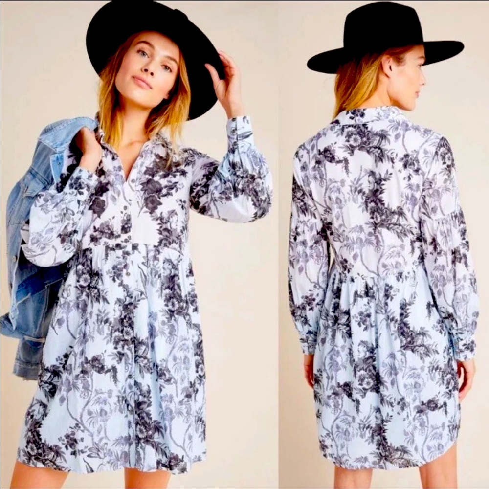 Anthropologie Lavinia Embroidered Shirtdress Black & White Toile Size 6
